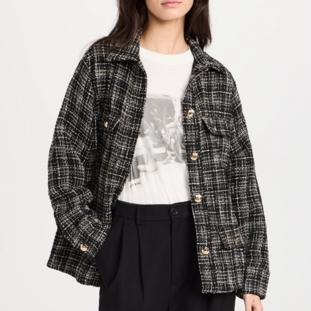Anine Bing Corey Black White Metallic Tweed Wool Blend Gold Button Jacket XS
